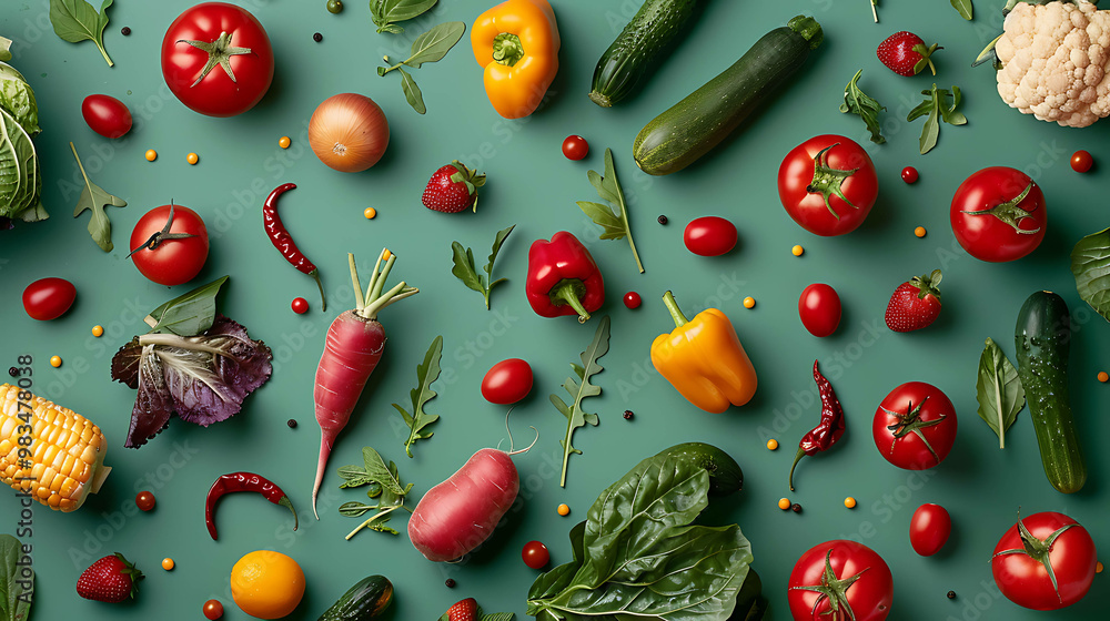 Flat lay of fresh vegetables on a green background. Flat lay of fresh vegetables on a green background.