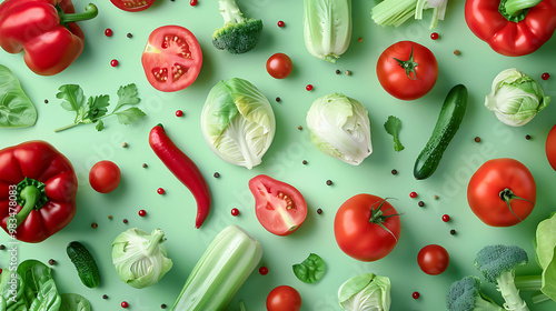 A variety of fresh vegetables laid out on a green background.