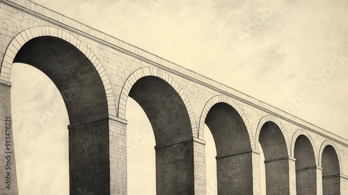 An antique engraving of a detailed bridge or aqueduct with arches, old engraving, bridge, architecture