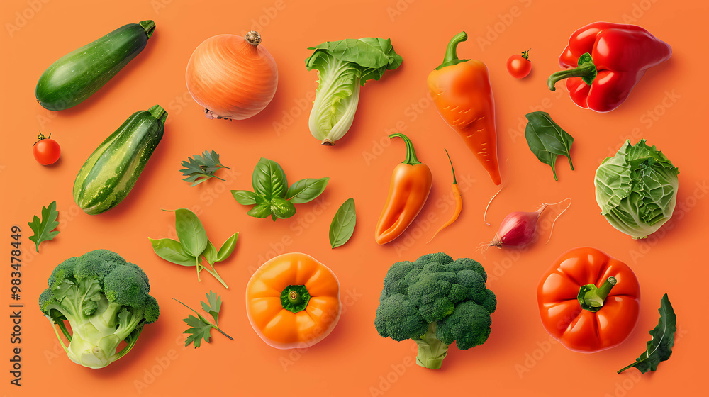 A flat lay of fresh vegetables on an orange background. A flat lay of fresh vegetables on an orange background.