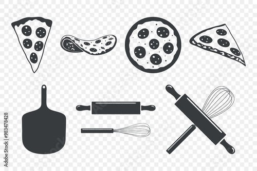 Vector Hand-Drawn Pizza Icon Set. Whole Pizza, Pizza Slice, Paddle, Whisk, Rolling Pin. Design Templates for Pizzeria, Menu Design, Icons. Pizza Elements Collection