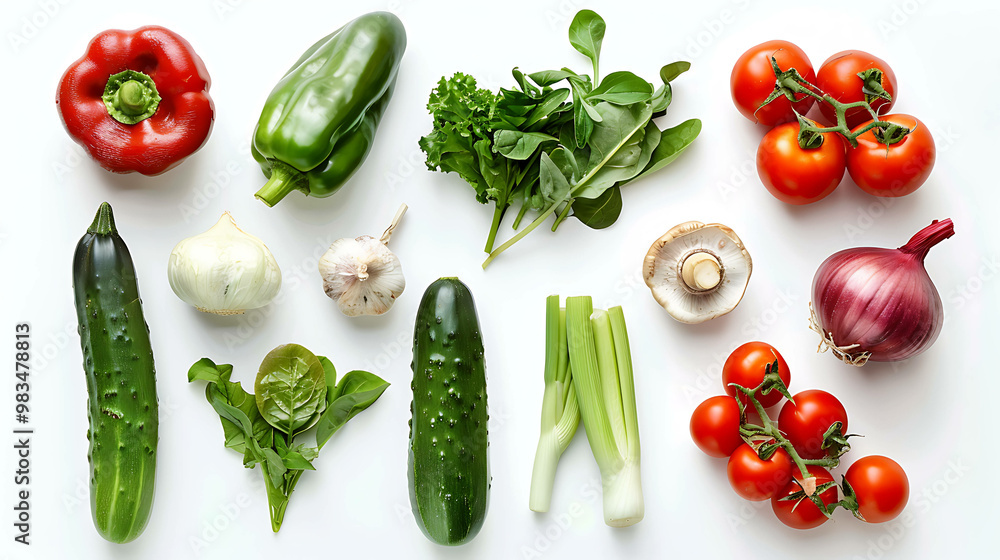 A flat lay of fresh vegetables and herbs for a healthy meal, isolated on white. A flat lay of fresh vegetables and herbs for a healthy meal, isolated on white.