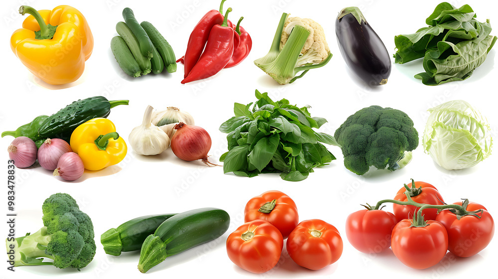 A variety of fresh, organic vegetables isolated on a white background. A variety of fresh, organic vegetables isolated on a white background.