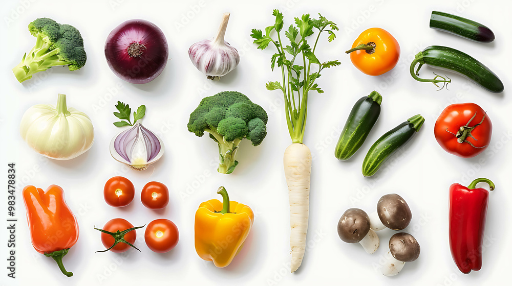 A variety of fresh vegetables, including broccoli, onions, garlic, zucchini, tomatoes, and peppers, are arranged on a white background. A variety of fresh vegetables, including broccoli, onions, garlic, zucchini, tomatoes, and peppers, are arranged on a white background.