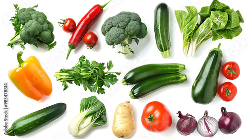 A collection of fresh vegetables on a white background.