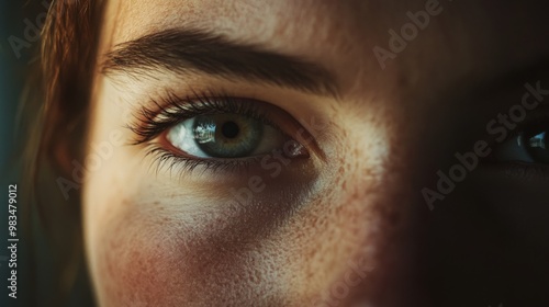 Close-up of a Woman's Eye with Freckles and Long Eyelashes