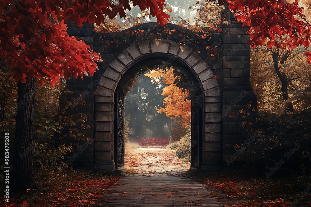 Stone Archway Pathway Through Autumn Forest with Red and Orange Leaves Stone Archway Pathway Through Autumn Forest with Red and Orange Leaves