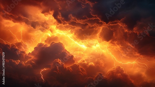 A dramatic sky filled with dark clouds and vibrant lightning, creating an intense atmosphere.