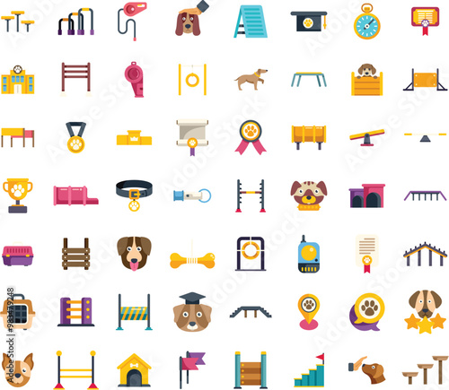 Colorful set of icons representing activities and equipment for dog training, including agility courses, obedience training, and dog care