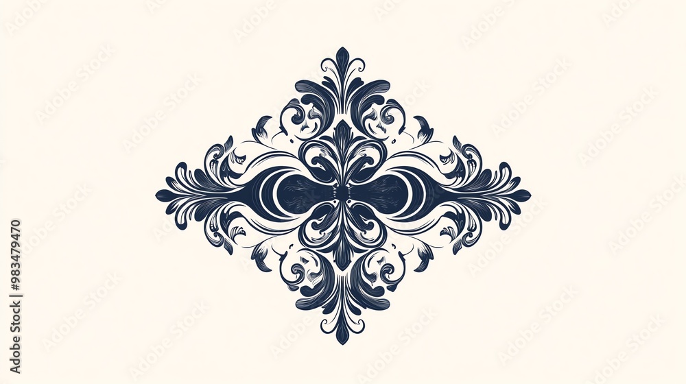 A symmetrical, intricate, decorative design in dark blue on a white background. A symmetrical, intricate, decorative design in dark blue on a white background.