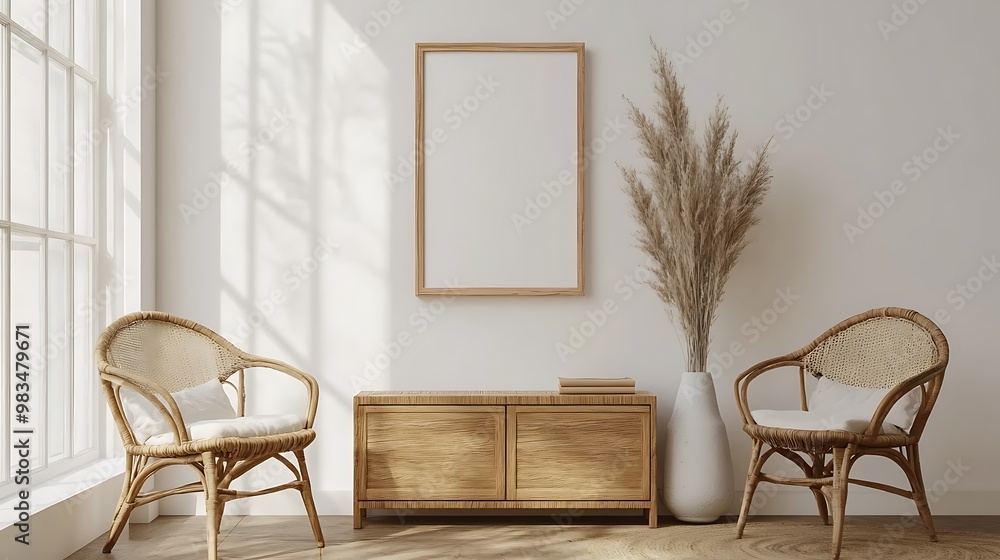 A serene interior with rattan chairs, a wooden cabinet, and decorative plants. A serene interior with rattan chairs, a wooden cabinet, and decorative plants.