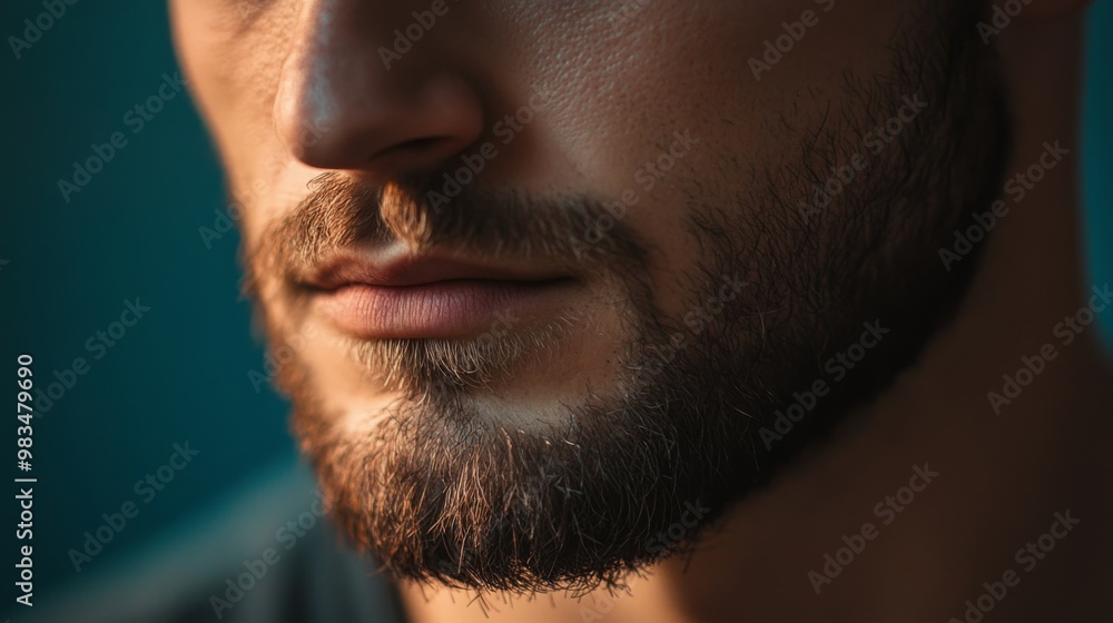 Fototapeta premium Close-up of a Man's Lower Face with a Beard and Mouth Slightly Ajar