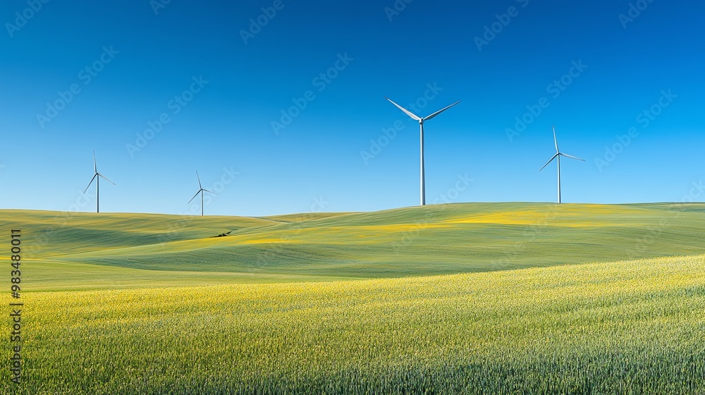Wind turbines stand tall in a field of yellow wildflowers under a blue sky. Wind turbines stand tall in a field of yellow wildflowers under a blue sky.