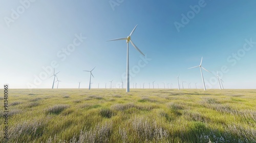 Wind turbines stand tall in a field of grass against a blue sky.