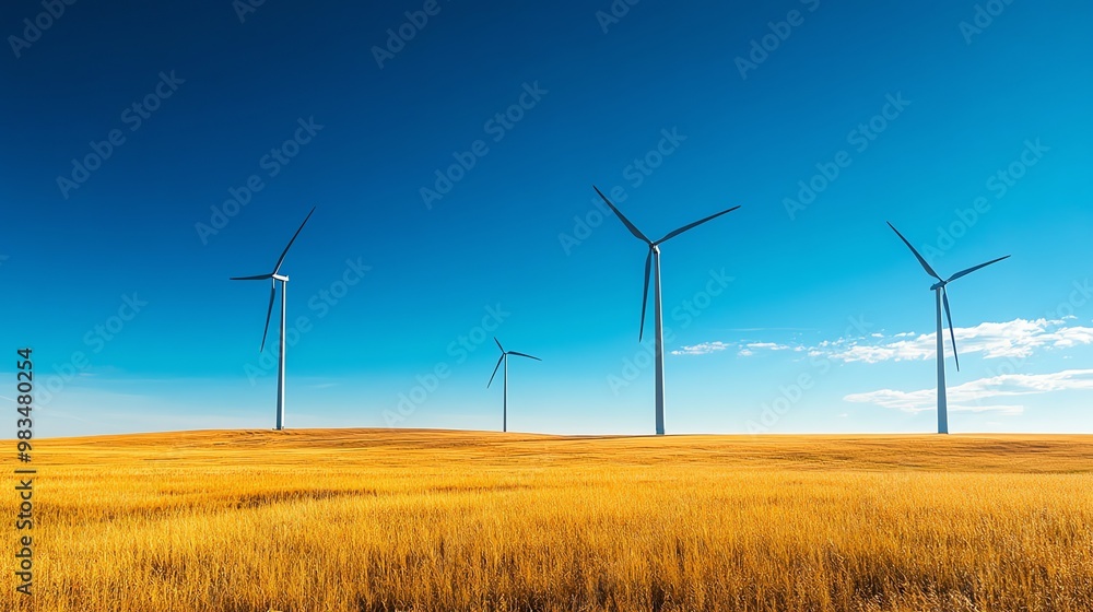 Wind turbines in a field of golden grass under a clear blue sky. Wind turbines in a field of golden grass under a clear blue sky.