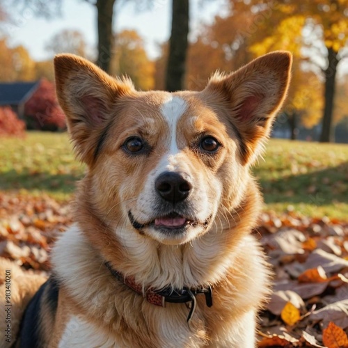 Portrait of a beautiful dog in the autumn park. Corgi