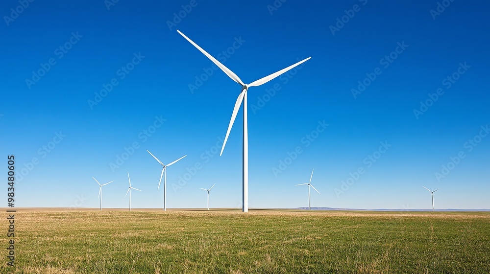 A row of white wind turbines stand tall in a grassy field under a clear blue sky. A row of white wind turbines stand tall in a grassy field under a clear blue sky.