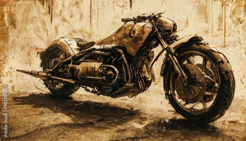 A detailed steampunk motorcycle illustration with vintage design elements and mechanical components, rendered in sepia tones. The image evokes a sense of industrial nostalgia and adventure. photo