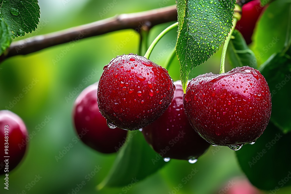 Obraz premium Red cherry on a tree branch, covered in morning dew, ready for harvest in an orchard