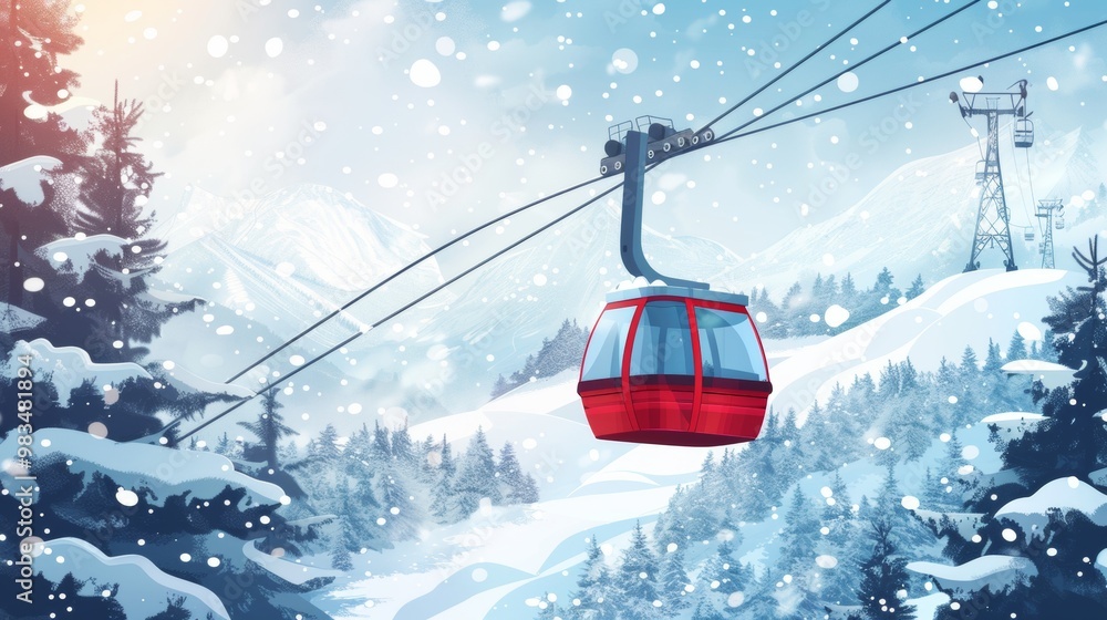 illustration CABLE CARS SWING over a snow mountain illustration CABLE CARS SWING over a snow mountain