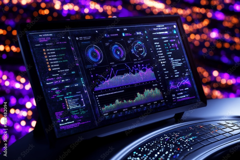 Fototapeta premium Futuristic analytics dashboard, showing real-time data feeds, charts, and graphs in a glowing, high-tech design