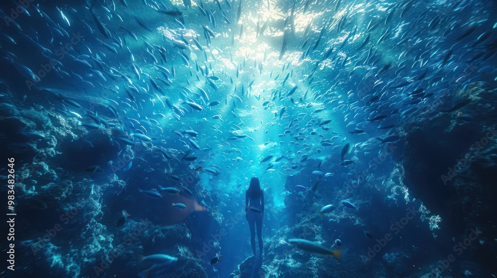 Blue underwater background featuring a large shoal of fish swimming together in harmony. Perfect for ocean life, marine wildlife, underwater scenes, and aquatic Blue underwater background featuring a large shoal of fish swimming together in harmony. Perfect for ocean life, marine wildlife, underwater scenes, and aquatic