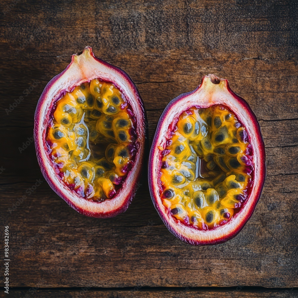 Fresh Passion Fruit Halves on Rustic Wooden Table Fresh Passion Fruit Halves on Rustic Wooden Table