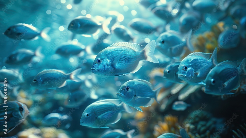 Blue underwater background featuring a large shoal of fish swimming together in harmony. Perfect for ocean life, marine wildlife, underwater scenes, and aquatic Blue underwater background featuring a large shoal of fish swimming together in harmony. Perfect for ocean life, marine wildlife, underwater scenes, and aquatic