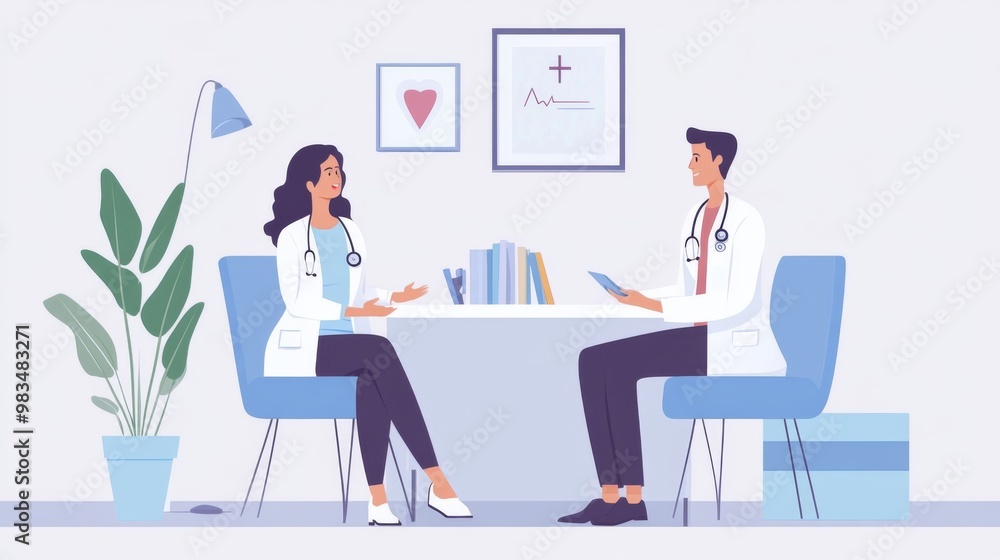 Two Doctors in White Coats Having a Discussion in a Medical Office Two Doctors in White Coats Having a Discussion in a Medical Office