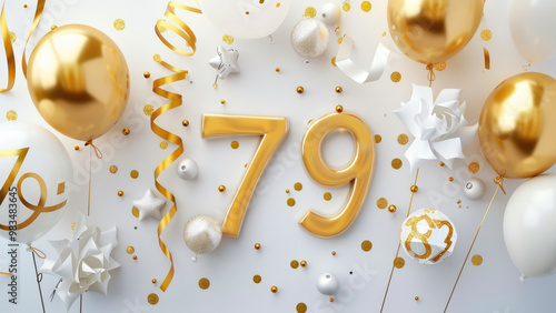 Gold and white 79th celebration with decorative balloons, ribbons, and confetti photo