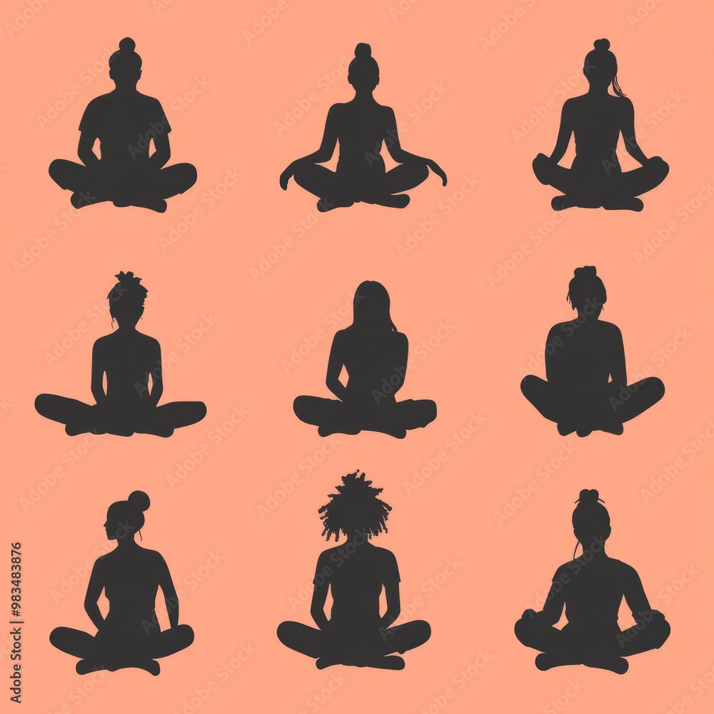 Silhouettes of Meditation Practitioners in Various Poses Silhouettes of Meditation Practitioners in Various Poses