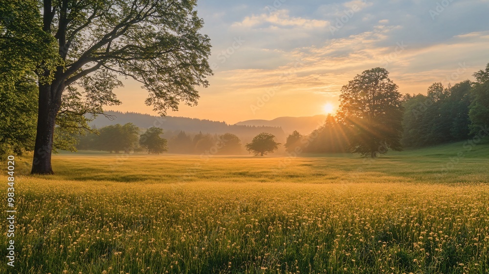 Obraz premium Golden Meadow Sunrise with Trees and Fog