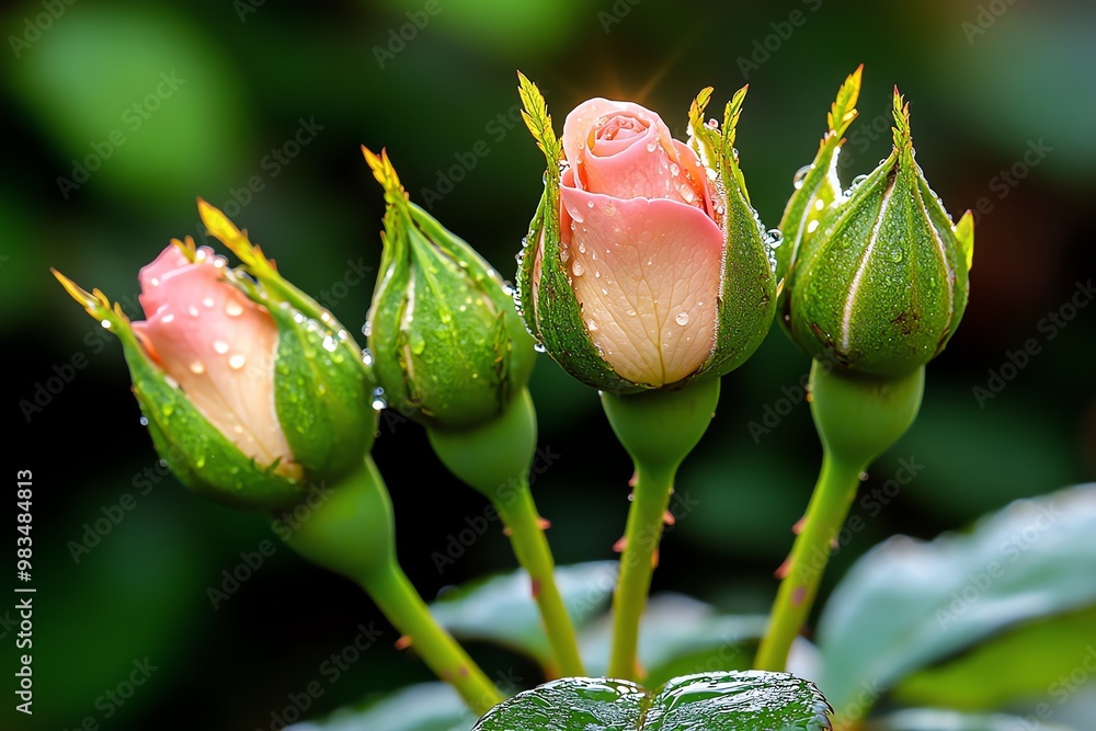 Rose buds with morning dew, leaning towards the early morning sun, radiating warmth and freshness Rose buds with morning dew, leaning towards the early morning sun, radiating warmth and freshness