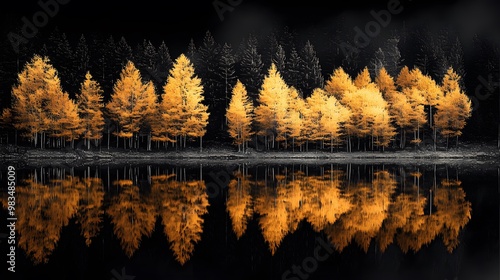 Golden trees reflected in lake on black sky background. Modern canvas art with golden yellow forest