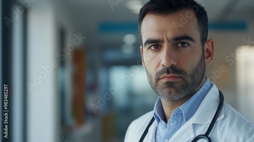 Portrait of a Serious Male Doctor Wearing a White Coat and Stethoscope