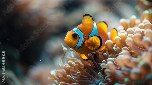 Clownfish (Amphiprion bicinctus), also known as Two-banded anemonefish, swimming in vibrant coral reefs of the Red Sea. Ideal for marine life, underwater, and ocean-themed visuals