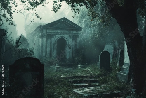 An Eerie Graveyard with a Stone Structure in the Fog