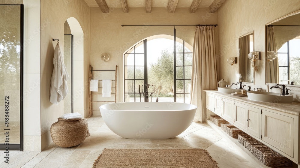 A serene bathroom with a freestanding tub and elegant fixtures A serene bathroom with a freestanding tub and elegant fixtures