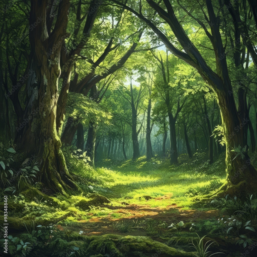 Naklejka premium Lush Green Forest Pathway with Sunlight