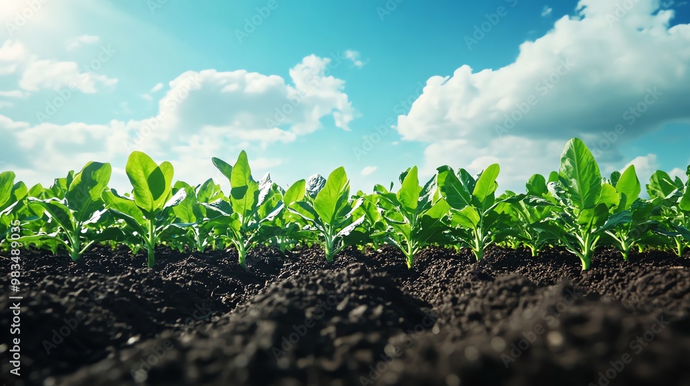 Green leafy plants grow in rich brown soil under a bright blue sky. Green leafy plants grow in rich brown soil under a bright blue sky.