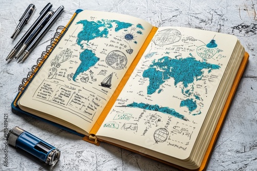 Wanderlust-inspired travel journal, open with sketches, notes, and maps from around the world