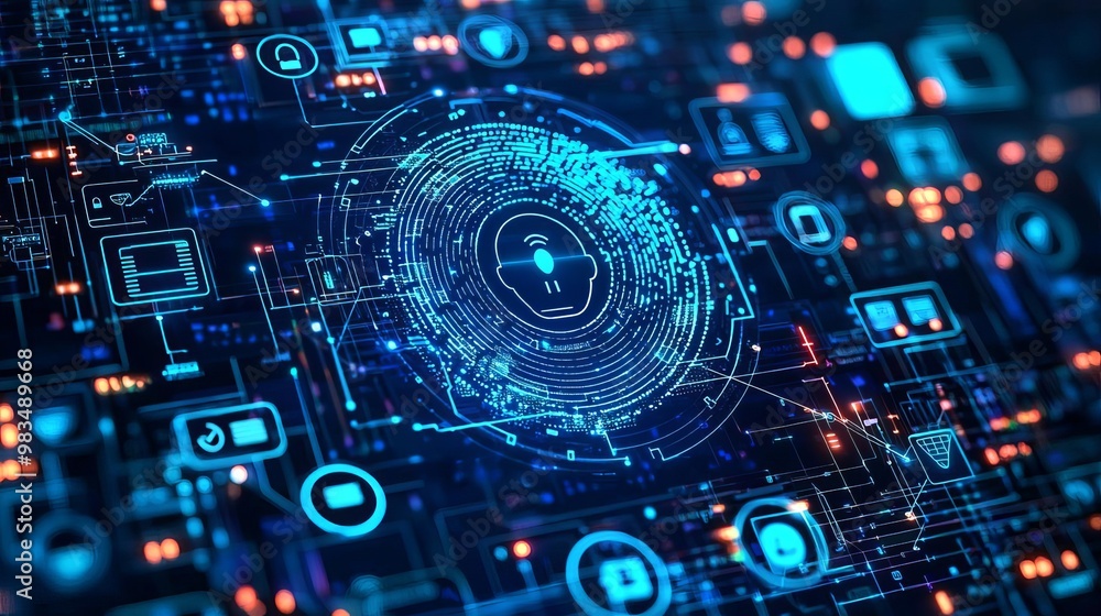 Face ID Log in Scan Digital interface with a rotating 3D facial recognition pattern, surrounded by data security icons, indicating secure login, no face, 3D illustration Face ID Log in Scan Digital interface with a rotating 3D facial recognition pattern, surrounded by data security icons, indicating secure login, no face, 3D illustration
