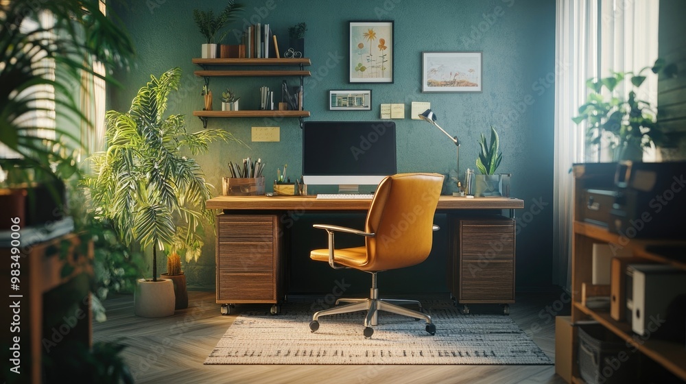 A stylish workspace with a spacious desk, ergonomic chair, and inspiring decor A stylish workspace with a spacious desk, ergonomic chair, and inspiring decor