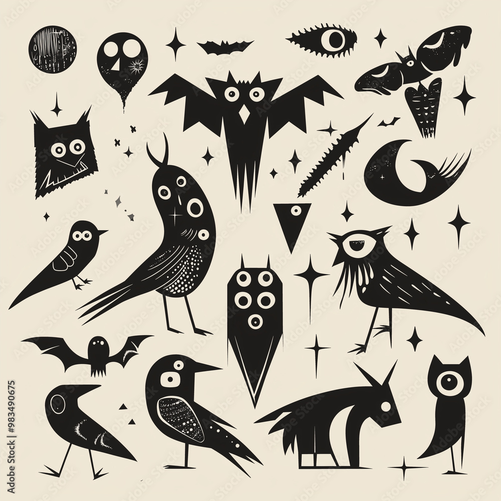 Fototapeta premium Minimalistic Hand-Drawn Creatures Vector Set: Abstract Birds, Bats, and Gothic Symbols in Monochrome Design