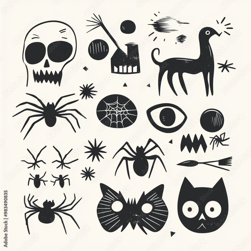 Obraz premium Minimalistic Hand-Drawn Halloween Vector Set: Skulls, Spiders, Webs, and Abstract Elements in Monochrome