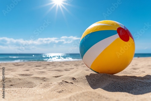 A beach ball bouncing on the sand, with the sun shining and the sea in the background