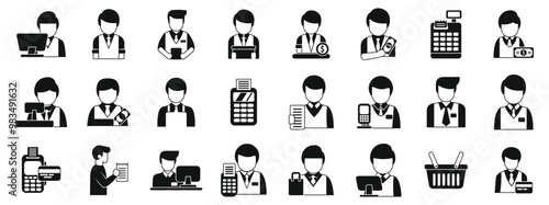 Male Cashier icons set. This set of icons represents cashiers and retail workers performing different tasks, such as using cash registers, pos terminals, and handling payments