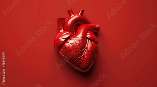 A 3D render of a human heart on a red background.