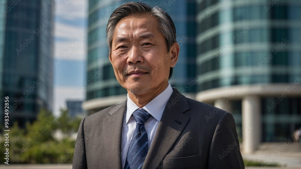 Portrait of a mature middle-aged Asian man in suit outdoors with a blurry business center in backdrop Portrait of a mature middle-aged Asian man in suit outdoors with a blurry business center in backdrop
