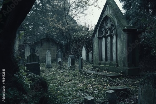 An Eerie Graveyard with Moss-Covered Tombstones and a Stone Structure photo